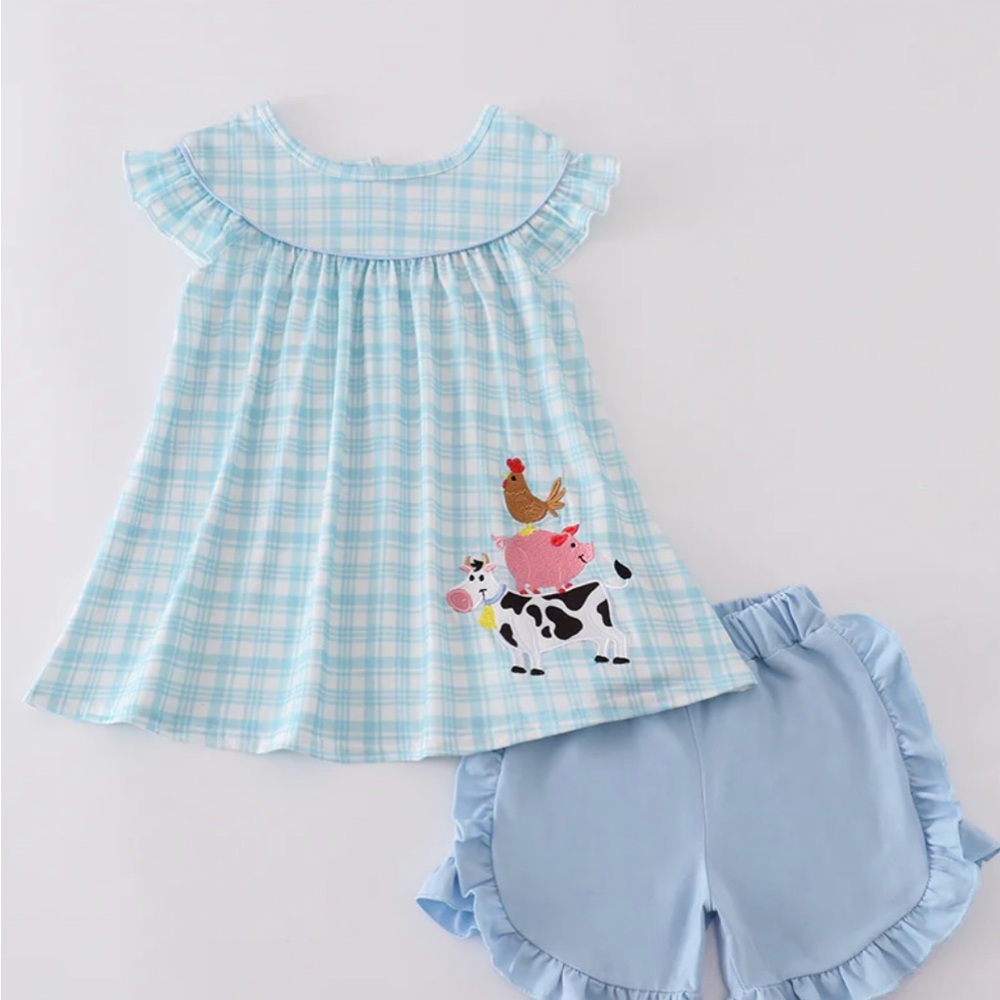 Blue Plaid Ruffle Dress and Shorts Set